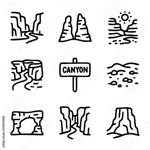 A set of doodle line icons illustrating canyon formations, rocky desert scenery, and geological landscapes in hand-drawn style