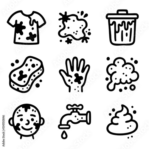 A set of doodle line icons depicting mess, stains, dirty objects, and hygiene-related cleaning tools like soap, sponge, and water tap