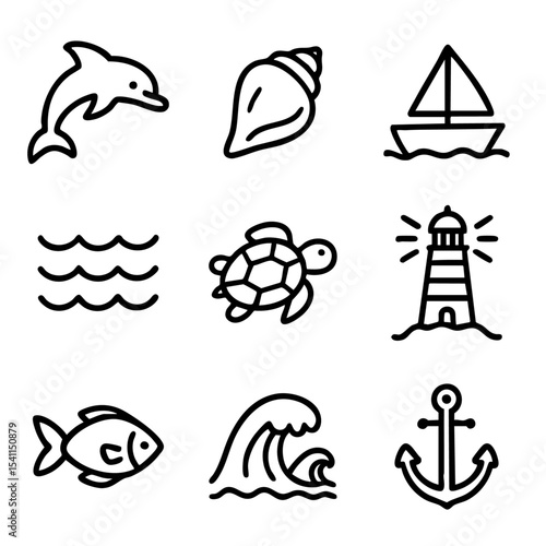 A set of doodle line icons depicting sea animals, waves, nautical elements, and beach life like fish, dolphin, anchor, and lighthouse