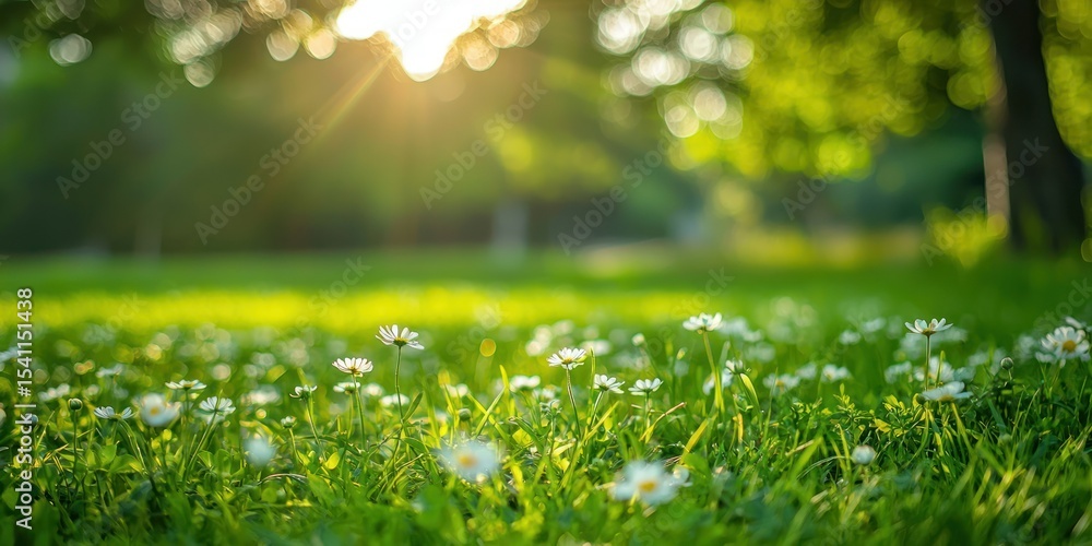 Fototapeta premium A serene, sunlit meadow with daisies and grass, under a canopy of trees with a soft, golden glow.