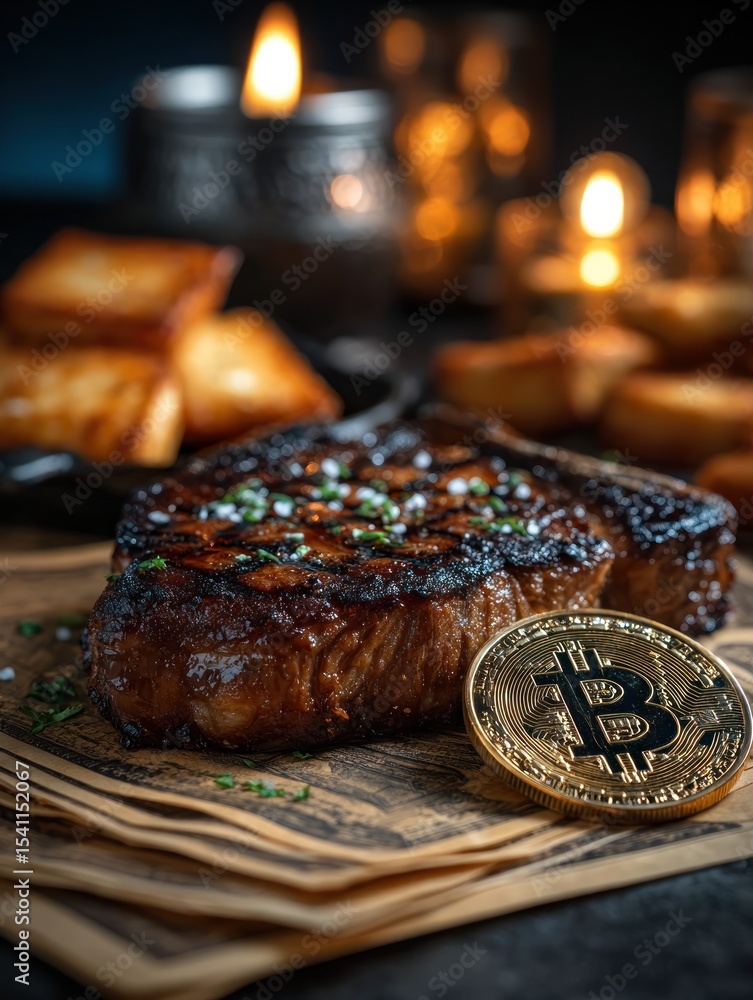 Grilled steak with bitcoin coin on parchment paper Grilled steak with bitcoin coin on parchment paper