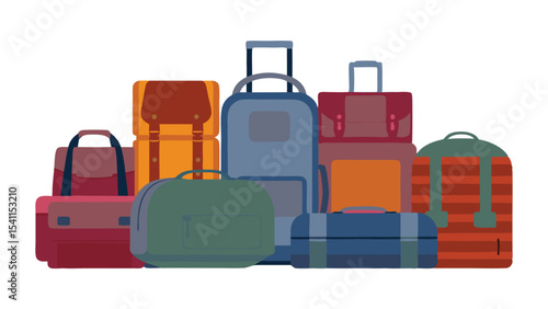 A collection of various luggage bags stacked together in a pile on a white background scene view
