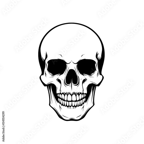 Detailed human skull icon with teeth and hollow eyes in realistic silhouette for anatomy or gothic theme