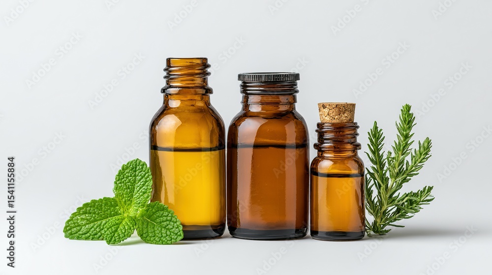 Amber glass bottles of essential oils with fresh mint and rosemary sprigs. Amber glass bottles of essential oils with fresh mint and rosemary sprigs.