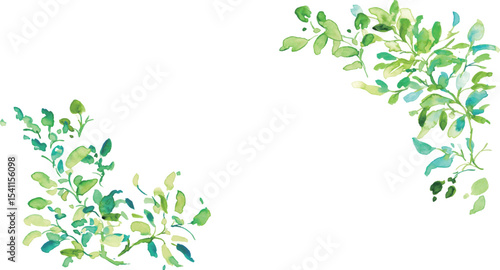 水彩画。水彩タッチの初夏草木イラスト。草木のベクターイラスト。エコ。森林。Watercolor painting. Illustration of early summer grass and trees with watercolor touch. Vector illustration of plants and trees. Eco. Forest.