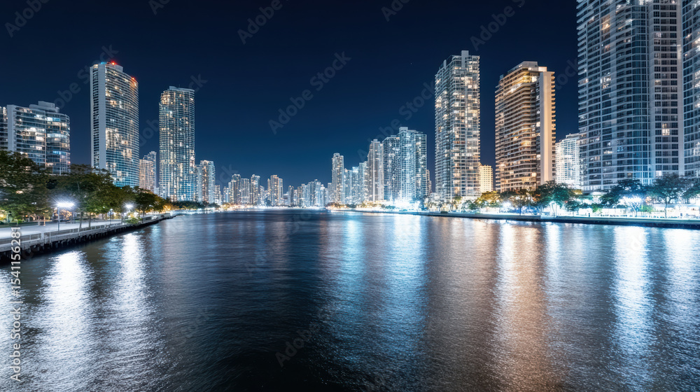 Naklejka premium City skyline reflects on water at night, showcasing vibrant lights and modern architecture