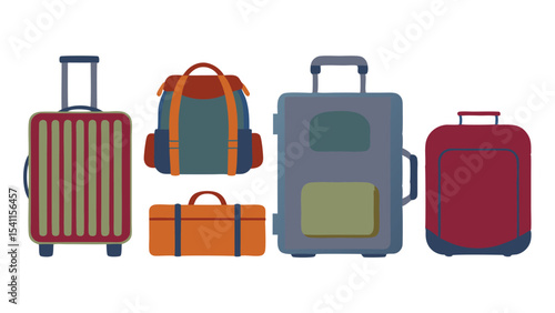 Illustration of five different types of luggage including suitcases and duffel bags in various colors