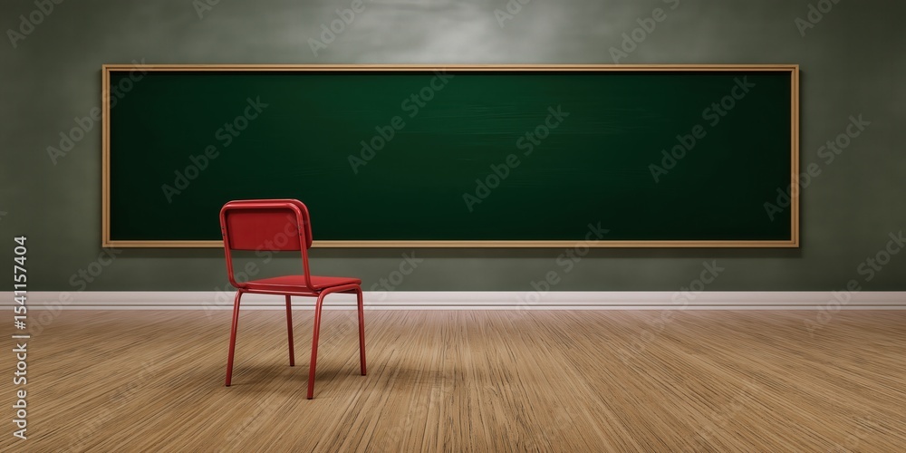 Empty Classroom Scene: A solitary red chair sits before a large green chalkboard within an otherwise empty classroom, evoking feelings of education, anticipation, or solitude. Ai Image Empty Classroom Scene: A solitary red chair sits before a large green chalkboard within an otherwise empty classroom, evoking feelings of education, anticipation, or solitude. Ai Image