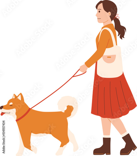 Woman Walking with Shiba Inu Dog on Leash


