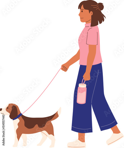 Woman Walking with Beagle Dog on Leash

