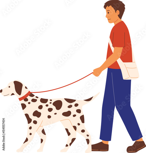 Man Walking with Dalmatian Dog on Leash

