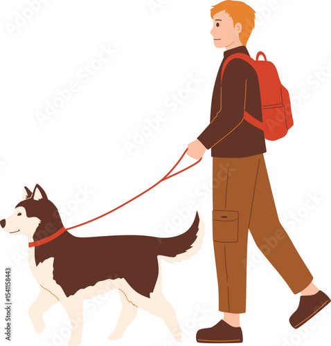 Man Walking with Husky Dog on Leash

