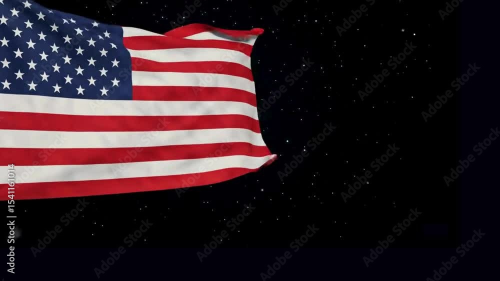 Realistic American flag floats slowly with shimmering stars on black background. Patriotic motion graphic for Memorial Day, 4th of July, or Veterans Day. Seamless 3D loop. No sound. 4K UHD.