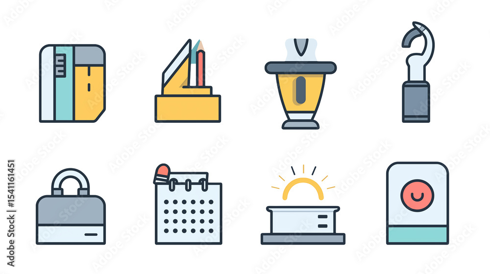 A collection of eight different icons representing various office and business related objects in color A collection of eight different icons representing various office and business related objects in color