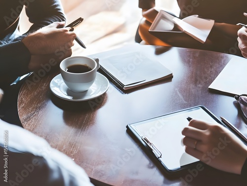 Business planning over coffee in modern lounge, relaxed discussion with tablet and notepad on table.