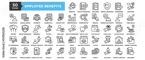 50 Employee Benefits icon set. Containing design Health Insurance, Wellness Program, Dental Insurance, Health Screenings, Adoption Assistance