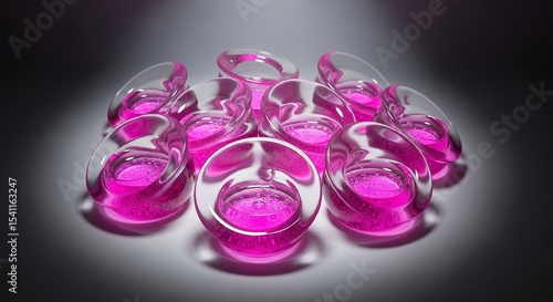 A cluster of transparent glass containers filled with a vibrant pink liquid on a gradient surface
