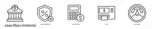 Editable Stroke Icons - Bank ATM Transaction Concept with No Guarantee Warning  Calculator, Metering System and Financial Risk Alert