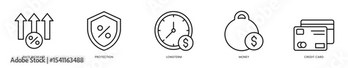 Editable Stroke Icons - Interest Rate Increase Financial Concept with Long-Term Money Protection  Credit Card Security Shield