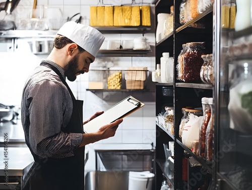 Owner checking inventory in restaurant kitchen, clipboard in hand, shelves of ingredients behind