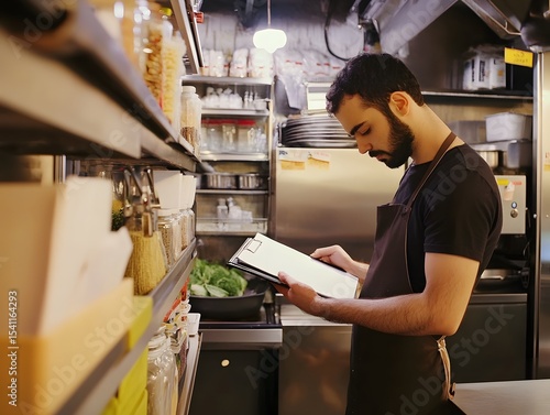 Owner checking inventory in restaurant kitchen, clipboard in hand, shelves of ingredients behind