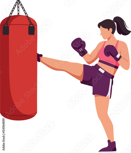 Woman practicing kickboxing with red punching bag fitness training vector illustration 