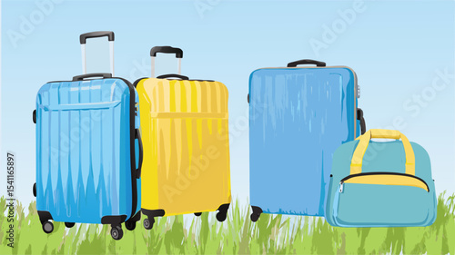 Illustration of three suitcases and a duffel bag on a grassy field against a blue sky backdrop scene
