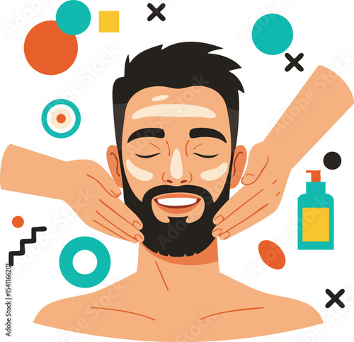Man enjoying facial massage with skincare product vector illustration in modern style 