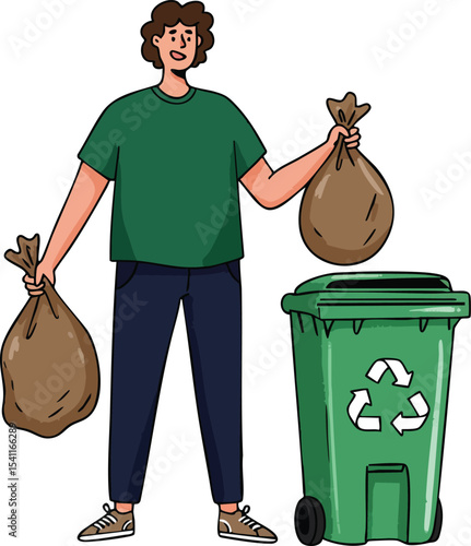 Person holding garbage bags standing next to green recycling bin eco-friendly waste management concept vector illustration 