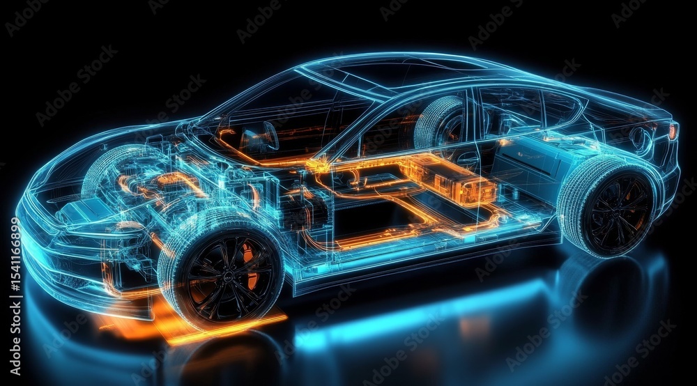 X-ray View of a Modern Car Highlighting Internal Components and Engine X-ray View of a Modern Car Highlighting Internal Components and Engine