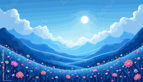 A serene landscape featuring rolling blue mountains, a sunny sky with clouds, and a vibrant meadow filled with colorful flowers.