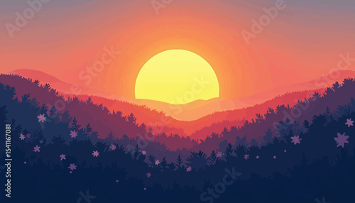 Vibrant sunset illuminating a mountain range with stylized trees and flowers.