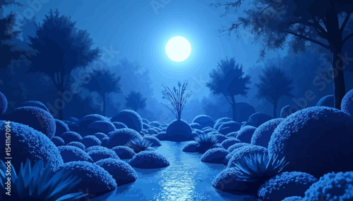 Serene moonlit stream flows through a mystical, blue-hued forest at night.