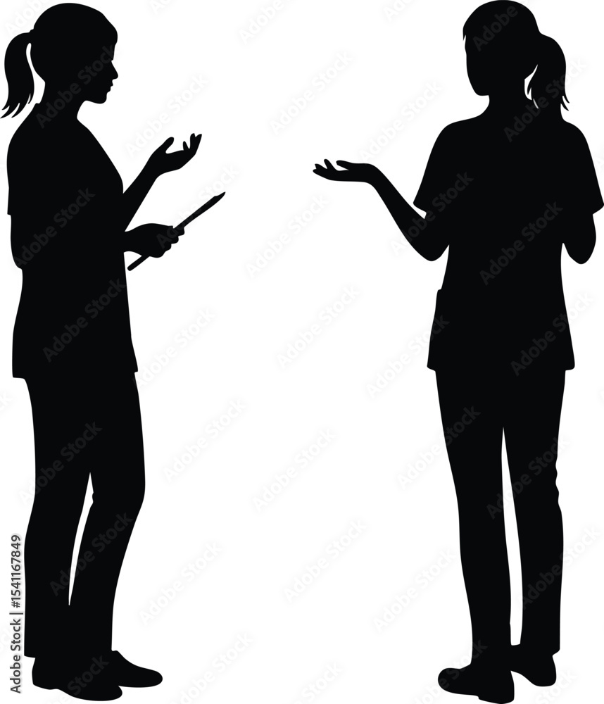 Fototapeta premium Two women silhouette standing and talking in casual pose vector illustration black and white 