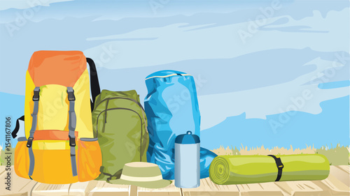 Outdoor gear including backpacks hat water bottle and sleeping pad on a wooden surface with sky background