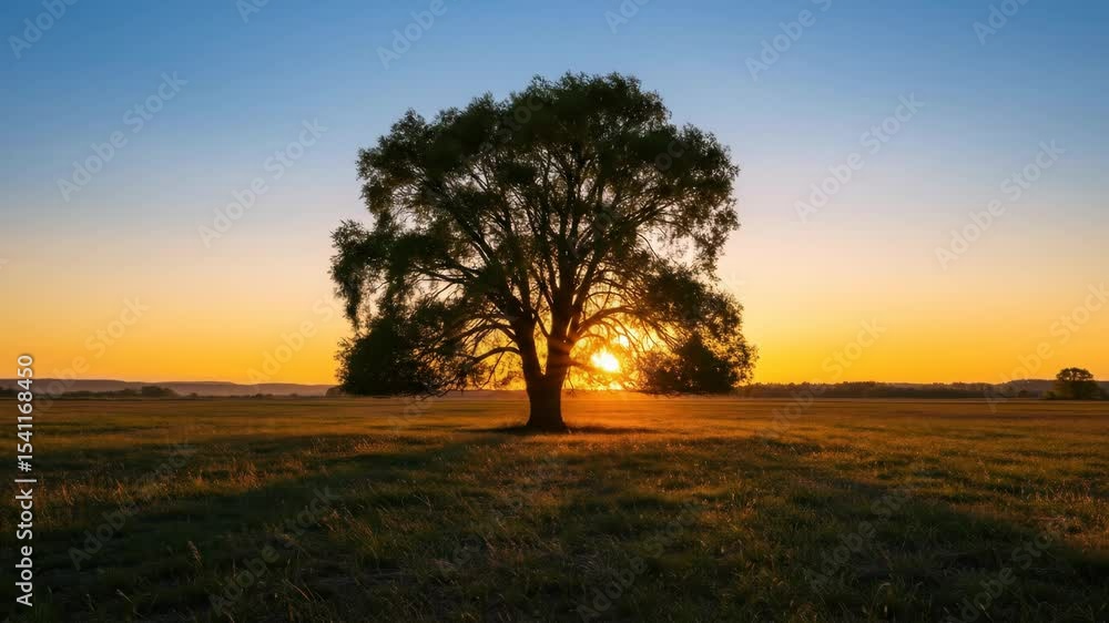 A large leafy tree stands in a sunlit field as the sun sets behind it A large leafy tree stands in a sunlit field as the sun sets behind it