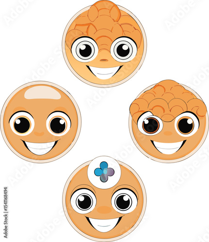 Cute and friendly cartoon characters in various styles with happy expressions and smiling faces depicting different emotions