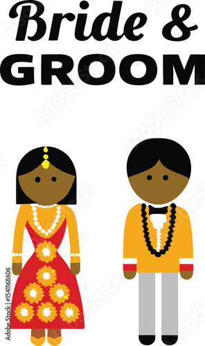 Cute flat indian wedding illustration featuring bride and groom in traditional attire and symbolic text