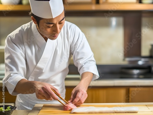 Sushi chef slicing fresh fish, focused eyes, minimalist Japanese kitchen backdrop