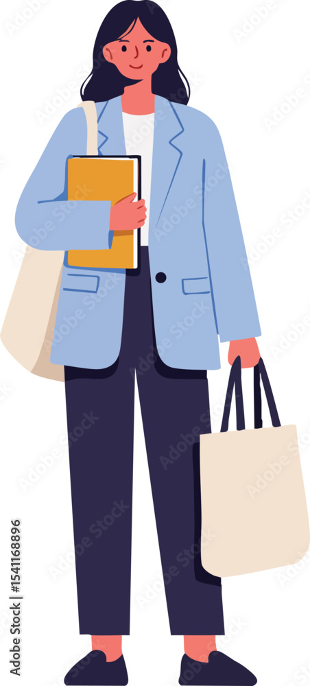Young woman holding tote bag and books in casual outfit vector illustration for lifestyle and education themes Young woman holding tote bag and books in casual outfit vector illustration for lifestyle and education themes