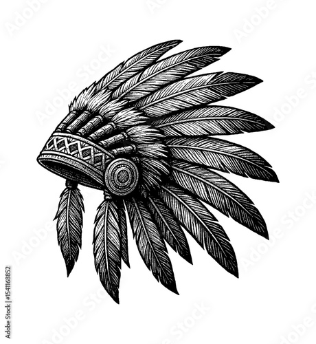 Detailed Engraving of Native American Headdress with Feathers on White Background