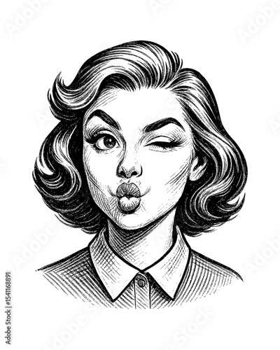 Attractive Caucasian woman winking and pouting in vintage black and white engraving style
