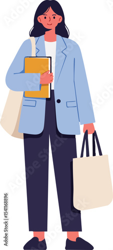 Young woman holding tote bag and books in casual outfit vector illustration for lifestyle and education themes 