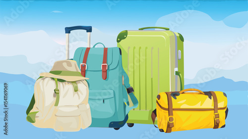 Illustration of luggage including backpacks and suitcases ready for travel on a trip abroad