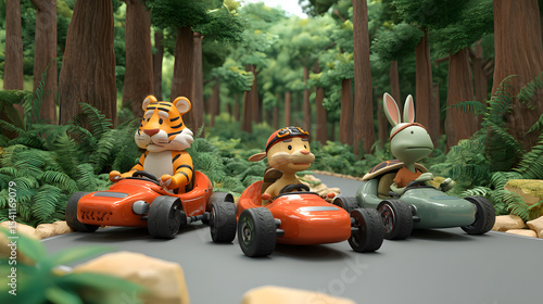 Fototapeta Naklejka Na Ścianę i Meble -  3d Cartoon of animals like tiger rabbit and turtle