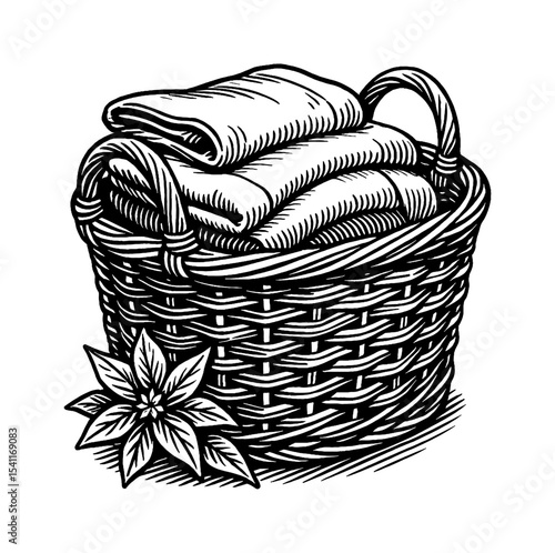 Illustration of Wicker Basket with Folded Cloth and Flower in Engraved Style