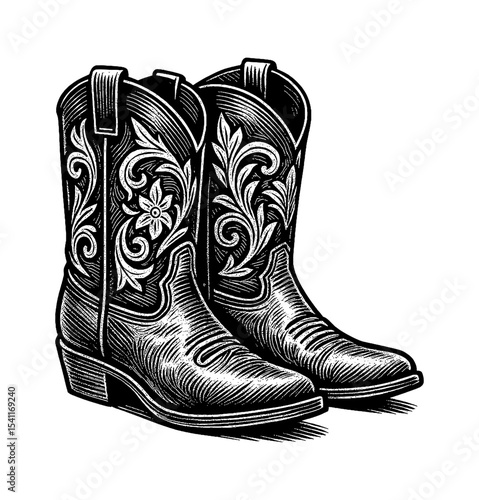 Detailed Engraved Illustration of Two Cowboy Boots with Floral Design in Black and White