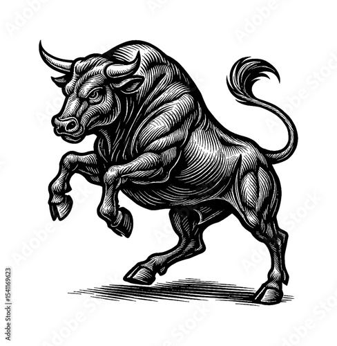 Powerful Bull Rearing Up Engraving Style Illustration, Black and White Vector Drawing