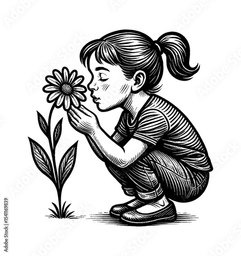 Girl Smelling Flower with Closed Eyes in Black and White Detailed Engrave Art