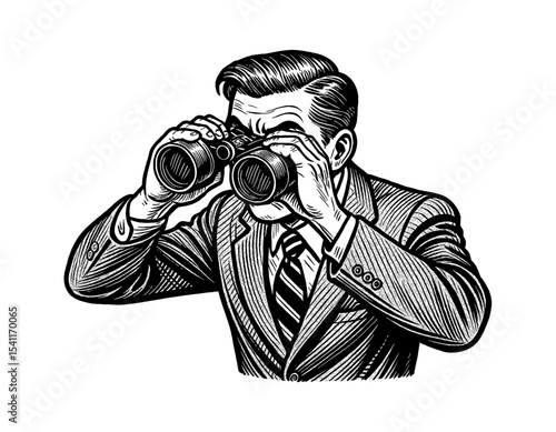 Man in Suit Looking Through Binoculars with Serious Expression in Black and White Line Art